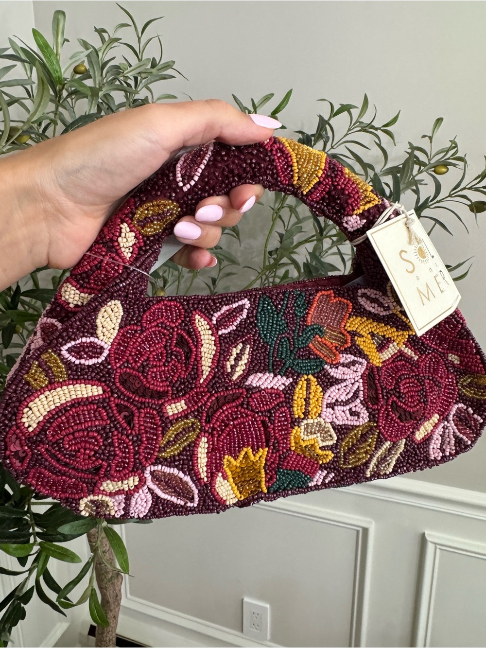 Sol and Mer Burgundy Beaded Floral Handle Bag